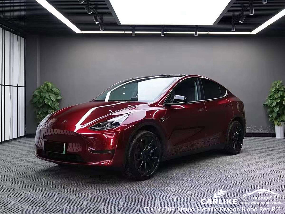 Fabricante de vinilo PET para envolver vehículos de color rojo sangre de dragón metálico líquido CL-LM-06P para TESLA